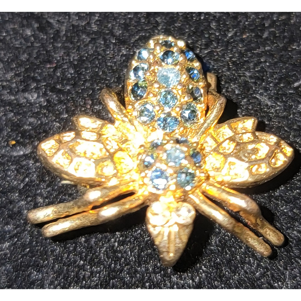 Gold Tone Blue Rhinestone Bee Brooch Pin Vintage Style Insect Jewelry‎ Novelty
